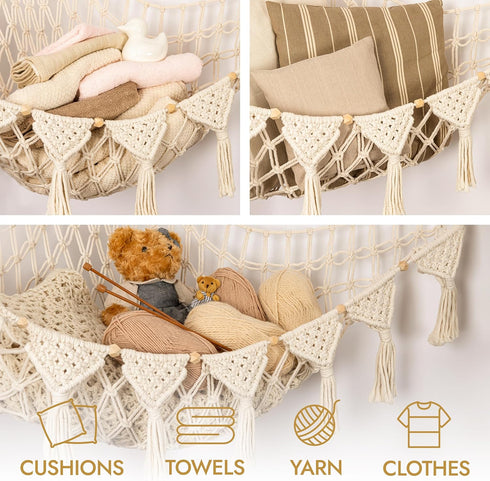 Macrame DreamLights Boho Stuffed Animal Storage Net, Extra Large Plush Gray Toy Storage Holder for Plushies