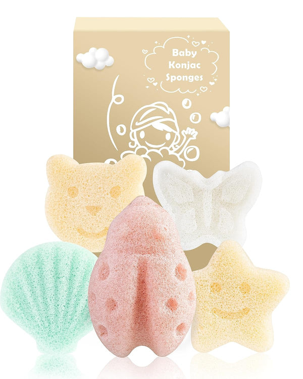 Konjac Baby Sponge for Bathing, 5Pcs Natural Cute Shapes, Plant-Based, Extra Soft Bath Sponges for Infants