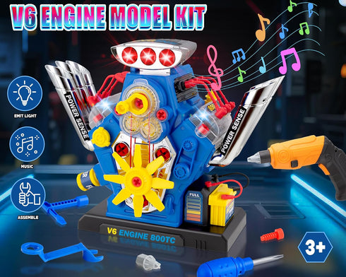 POFJOEQ V6 Kit60-Piece Playset 3-5 STEM New Engine Model Building Take Apart Toy with Realistic Lights & Sounds, Tools