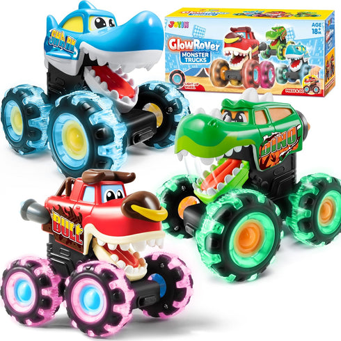 JOYIN 3 Pack Monster Truck Toy - Motion Activated Light-Up Cars for Toddlers, Press & Go Cars for Boys Girls