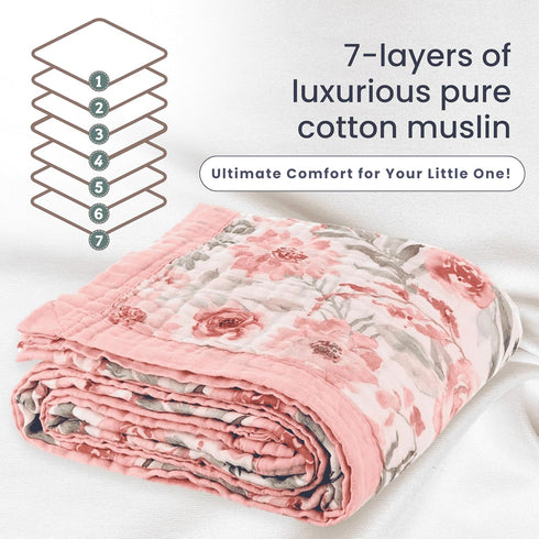 100% 7 Cotton Muslin Baby Blanket - Large Reversible Receiving Blankets for Baby Girls, Soft & Lightweight, Perfect