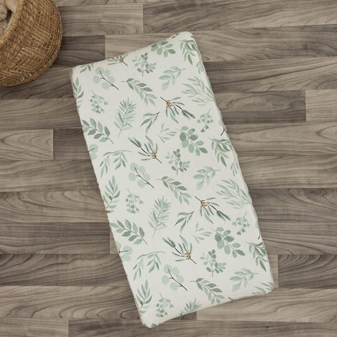 Organic Muslin Changing Pad Cover, Fitted Baby Changing Mat, Soft and Breathable, Eucalyptus Leaves, 16”x32”