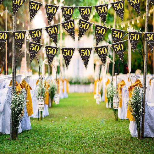 Blulu 5 Pack 50th Birthday Party Pennant Banner - Black Golden 50 Years Triangle Flag Party Accessory