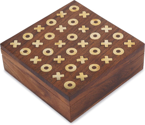 Ajuny Tic Tac Toe Board Games, Decorative Storage Box with Wooden Brass Inlays for Kids and Adults