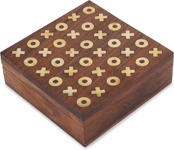 Ajuny Tic Tac Toe Board Games, Decorative Storage Box with Wooden Brass Inlays for Kids and Adults