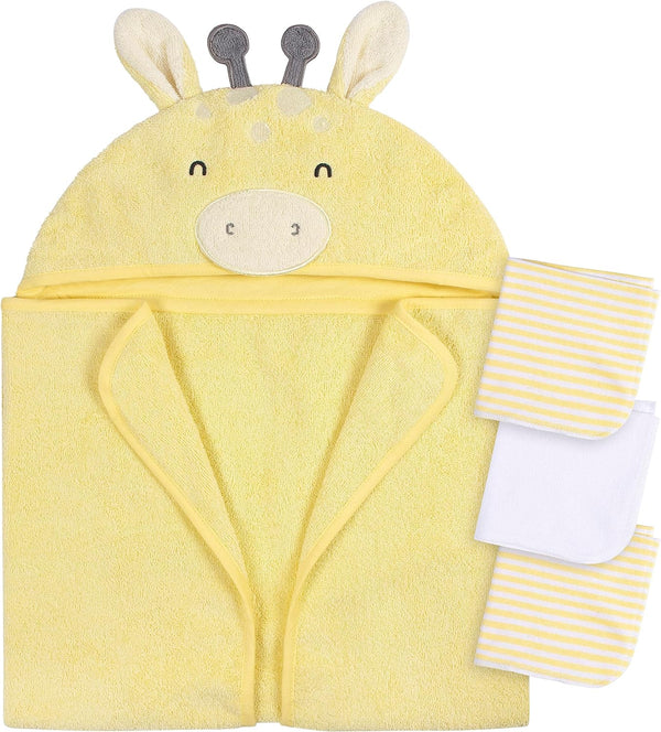 Gerber Baby 4 Piece Animal Character Hooded Towel and Washcloth Set, Yellow