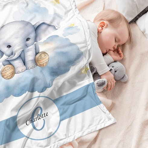 Novusopt Monogrammed Personalized Elephant Baby Blanket with Custom Name, Lightweight Flannel Receiving Blanket