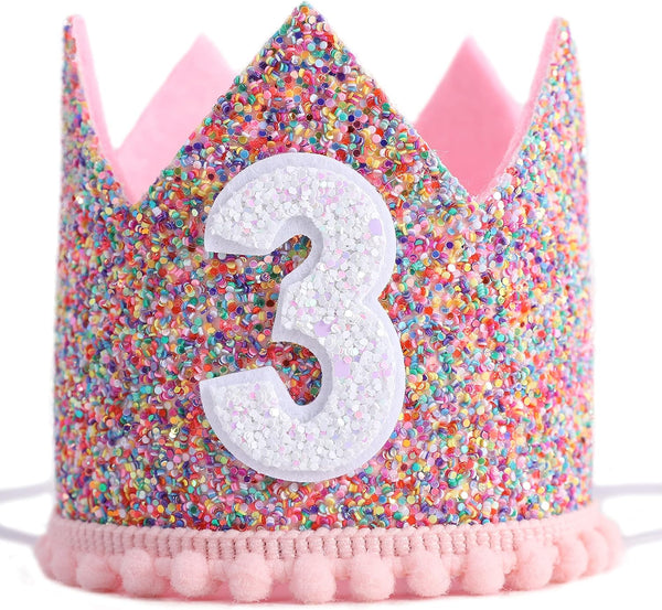 Rainbow Crown for 3rd Birthday Party, Glitter Birthday Crown, Birthday Hats for Kids, Baby's Birthday Photo Props