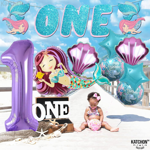 Mermaid First Birthday Decorations for Girl, 40 Inch 1 Balloon, Glitter One Banner for Mermaid Party