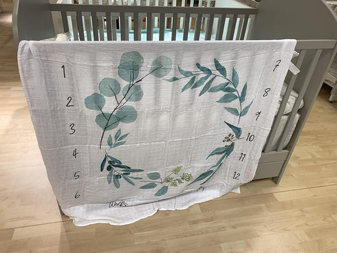 Organic Baby Monthly Milestone Blanket Newborn Boy Girl Unisex Gender Neutral| Green Leaf Wreath Eucalyptus Baby
