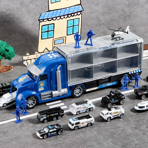 25 1 Set 3 JOYIN in Police Rescue Truck Car Toy with Sounds and Lights, Mini Vehicles in Carrier Truck, Play Police