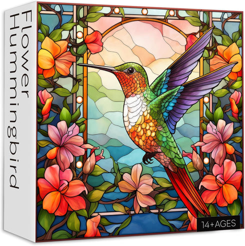 Hummingbird Puzzles for Adults 1000 Pieces, Stained Glass Spring Bird Flower Impossible Art Puzzle, Hard Challenging Bird Garden Jigsaw Puzzle as Home Wall Art Decor