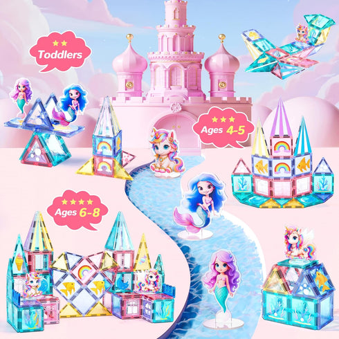 Set 4 3-5 4-8, Magnetic Tiles Unicorn Building Toys with Dolls, Princess Magnetic Blocks for Kids Ages STEM Educational