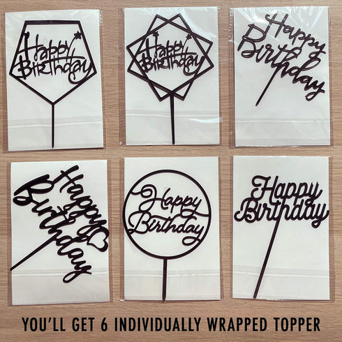 6-Pack Black Birthday Cake Topper Set, Double-Sided Shiny Acrylic Happy Birthday Sign for Party Decorations
