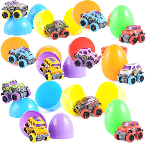 12 JOYIN Pcs Easter Eggs Filled with Pull Back Monster Cars, Easter Trucks Cars for Kids Egg Hunt, Basket Stuffers