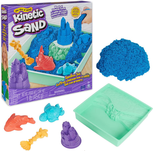 Kinetic Sand Sandbox Set, 1lb Blue Play Sand with 4 Molds and Tools, Sensory Toys for Kids Ages 3+