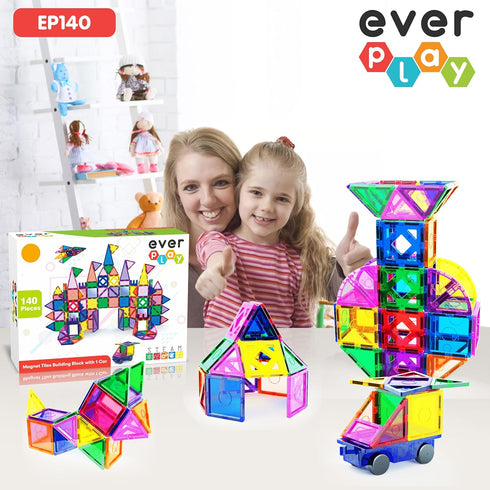 Everplay 140 pc Castle Rocket Magnetic Tiles with Car Set, Building Block Toys for STEM Educational Learning