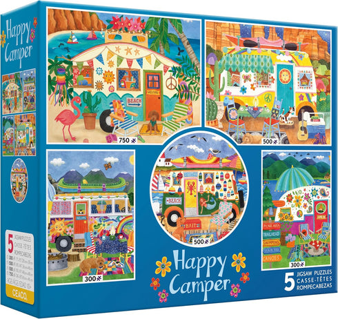 Ceaco 5 in 1 Multipack Happy Camper, (2) 300 Piece, (2) 500 Piece, (1) 750 Piece Jigsaw Puzzles