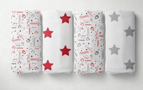 Bacati - 4 Pack Sports Baby Swaddle Blankets Boys Swaddle Wrap Soft