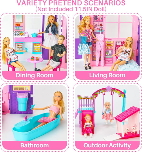 Doll House Portable & Foldable Dollhouse with 60+ Pcs & 2 Dolls, Playhouse Toy for Kids