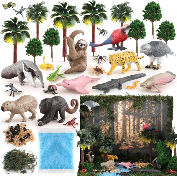 37PCS Rainforest Animals Figures Toys Set, Rainforest Diorama Supplies Include Jungle Animal