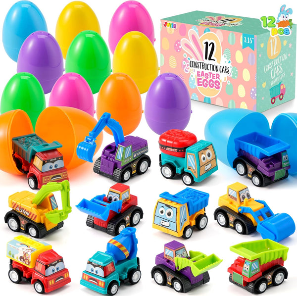 JOYIN 12 Pcs Easter Eggs Filled with Toy Cars, Colorful Prefilled Pull