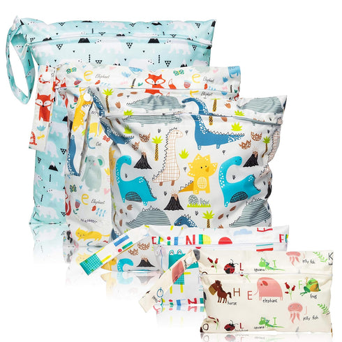 R HORSE 5Pcs Waterproof Reusable Diaper Baby Cloth Wet Dry Bags with 2 Zippered Pockets, Travel Pool Bag