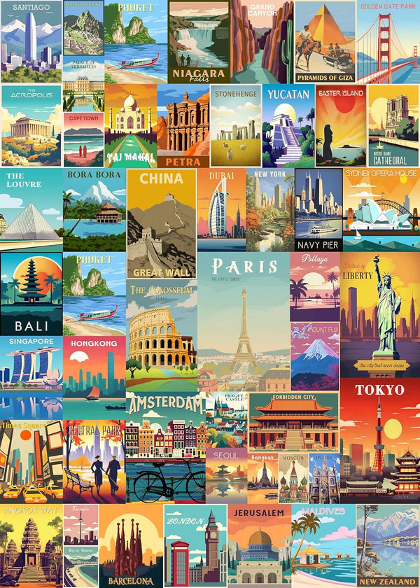 Vintage World Travel Puzzles for Adults 1000 Piece, Colosseum Eiffel Tower Landscape Poster Puzzle