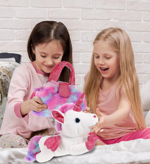 DolliBu Cotton Candy Pink Unicorn Plush Toy Pet Carrier, Cute Stuffed Animal Purse for Girls with Removable Sparkly Toy