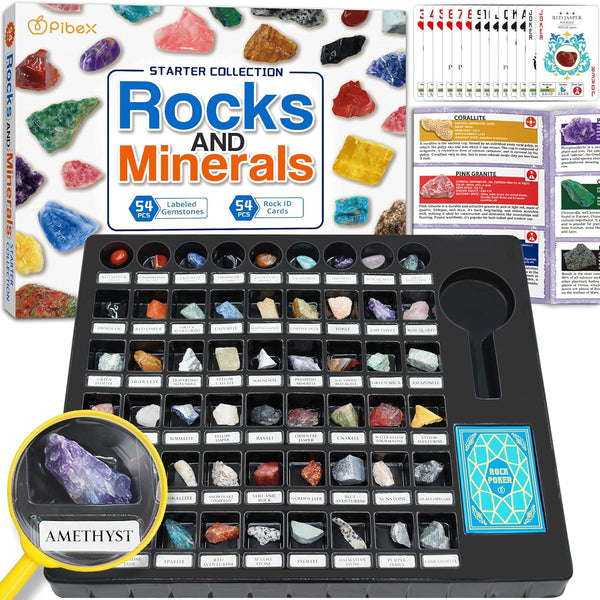 PIBEX Rock Collection Starter Kit - 54 Pcs Assorted Gemstones, Crystals, Rocks
