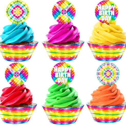 POP parties Ink Tie Dye Cupcake Toppers and Wrappers, 48 Count in Multicolored Pastel and Bright Colors