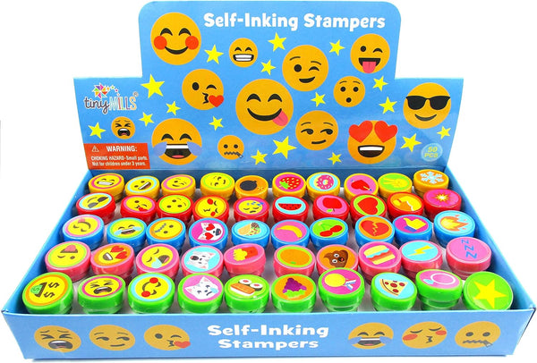 Tiny Mills 50 Pcs Emoji Assorted Stamps - Self-Ink Stamps for Kids, 50 Different Designs for Party Favors