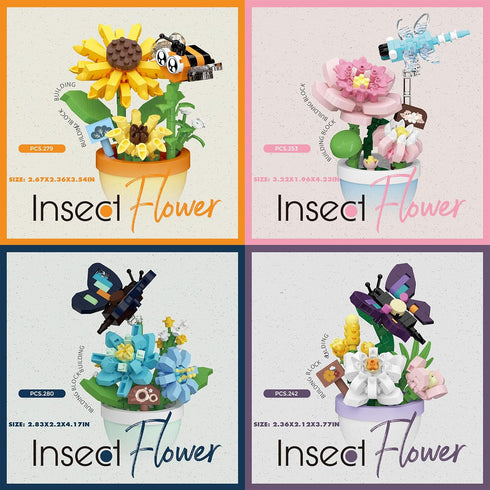 Sacblirr Set 4 of Mini Flower Bonsai with Cute Insects - DIY Potted Plant Building Blocks for Kids and Adults