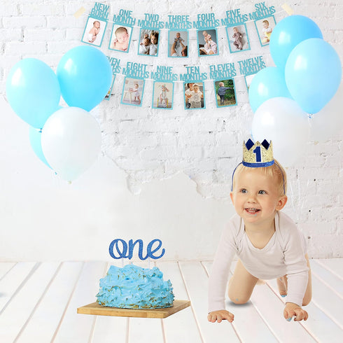 1st Package PartyHooman Boy Birthday Decors: With Photo Banner, Backdrop, Crown, High Chair Banner & Supplies