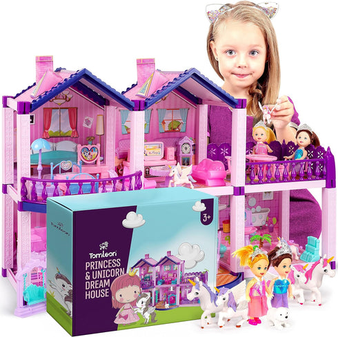Dollhouse Toy for Little Girls with 2 Princesses, 4 Unicorns, Dog, Furniture, Accessories - Pink & Purple