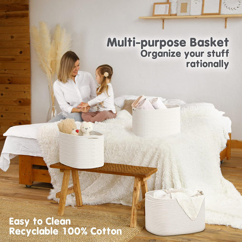 CHAT BLANC Cotton Rope Baskets for Organizing, Small Laundry Baskets, Woven Storage Bins, Creamy White 3 Pack