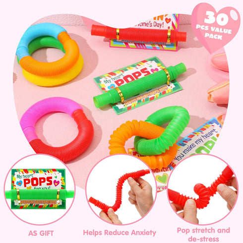30 Packs JOYIN Valentines Day Pop Tubes Fidget Toys for Kids, Stretchy Tube Stress Relief Fidget Toy for Kids