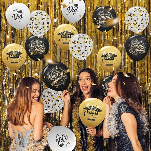 75 Pack Graduation Party Decorations, 12 Inch Black Gold Balloons with Balloon Ribbons for Graduation Party Supplies