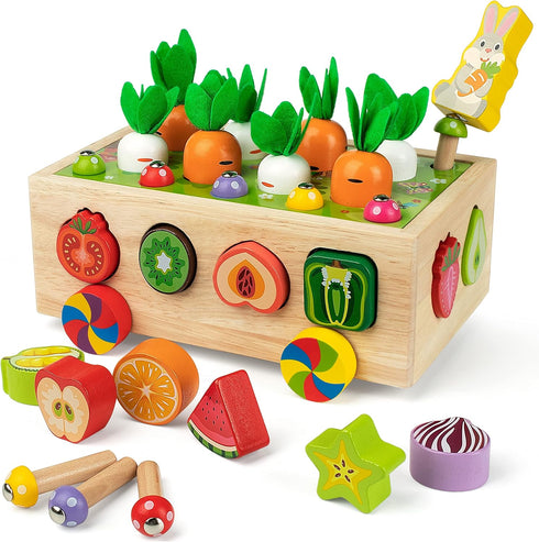 Coogam Montessori Fine Motor Toys for Baby Toddler, Wooden Shape Sorter Carrot