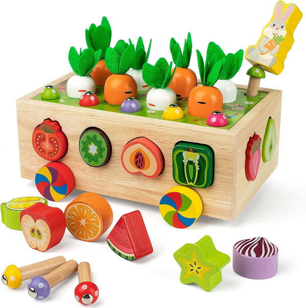 Coogam Montessori Fine Motor Toys for Baby Toddler, Wooden Shape Sorter Carrot