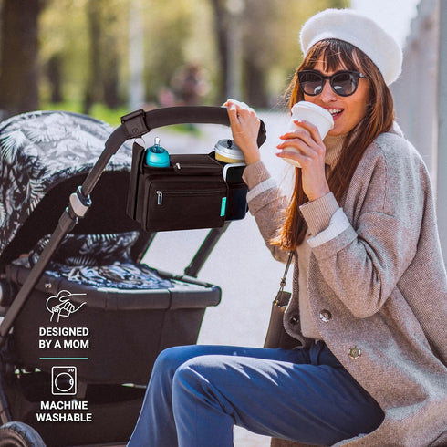 v2 Swanoo Stroller Caddy Organizer With Cup Holder, Non Slip Straps Bag for Phone, Pet Stroller Accessories, Universal