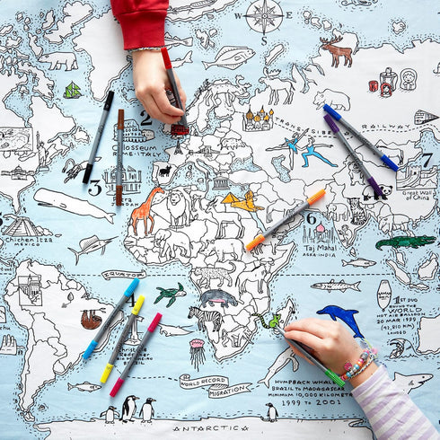 eatsleepdoodle Coloring World Map Tablecloth for Kids Reusable Washable Activity Table Cover