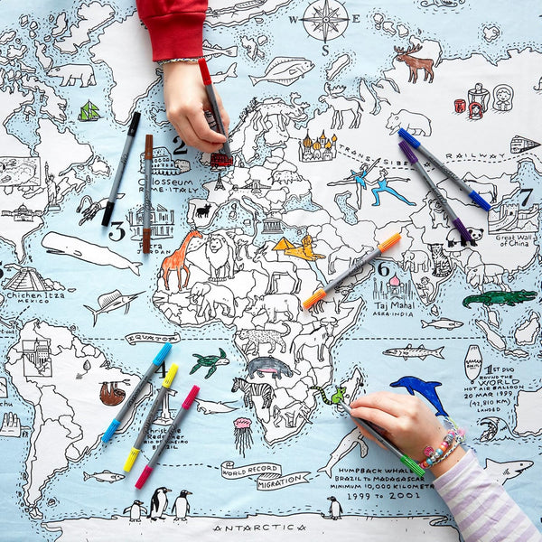 eatsleepdoodle Coloring World Map Tablecloth for Kids Reusable Washable Activity Table Cover