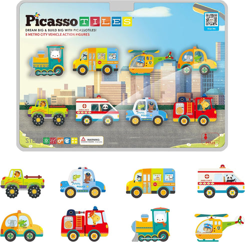 PicassoTiles 8pc Magnet Building Blocks Metro City, Vehicle Magnetized Action Figures, STEAM Educational Toys