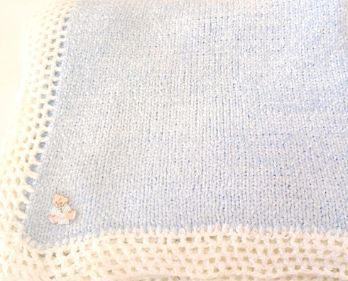 Sanjit Knitted Crochet Finished Blue Chenille White Trim Baby Blanket White Teddy