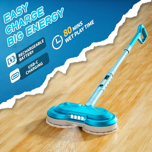 BLAXTEM Kids Electric Spray Spin Mop Toy, Rechargeable Cordless Electric Mop W/ LED Headlight & Water Sprayer