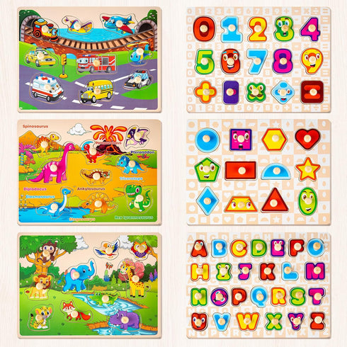 1-3, 6XSET 2-4 2 3 SYNARRY Wooden Puzzles for Toddlers Puzzles for Toddlers with Rack, Learning Alphabet Number Animal