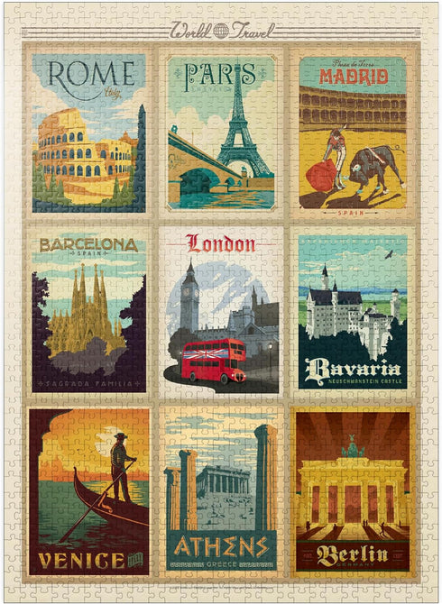 MyPuzzle Europe Travel: Vintage Poster - Premium 1000 Piece Jigsaw Puzzle for Adults, Collage