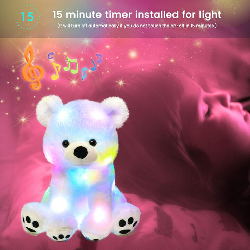 11'' Hopearl LED Musical Stuffed Polar Bear Lighting Up Singing Plush Toy Adjustable Volume Lullaby Animated Soothe