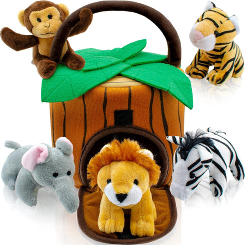Play22 6-Piece Set Plush Talking Jungle Animals with Carrier for Kids, Babies & Toddlers - Elephant, Tiger, Lion